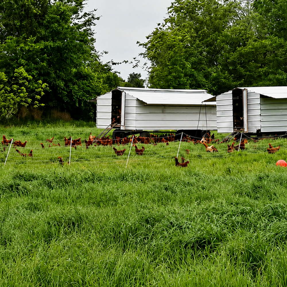 Pasture and mobile poultry shelter at Windy Meadows Family Farm