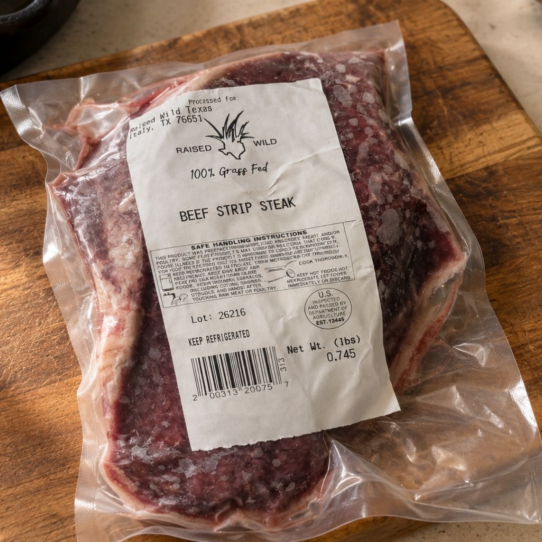 Grass-fed and grass-finished New York strip steak from Raised Wild Texas