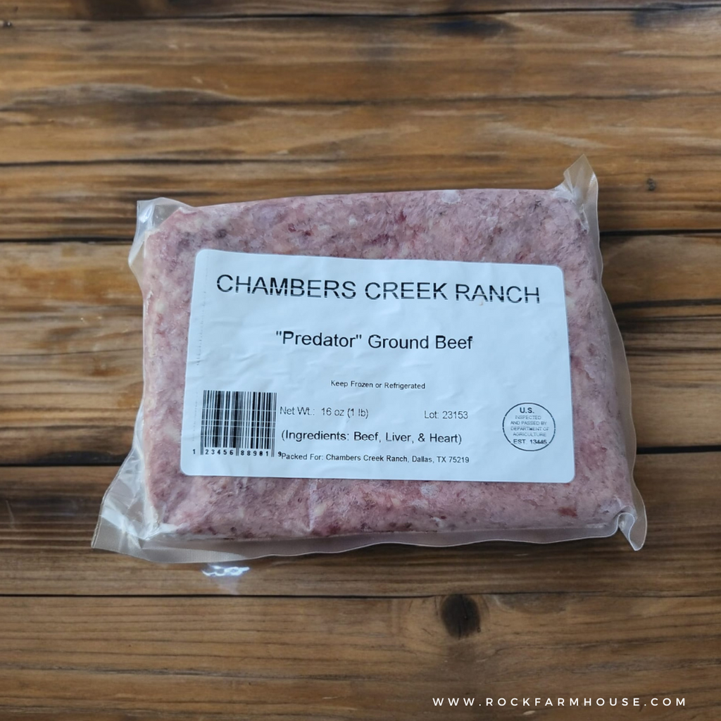 Raw Dog Food Grass Finished Pasture Raised Closed Herd Raised Wild Texas Chambers Creek Ranch ROCK Farmhouse